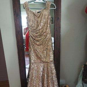 Badgley Mischka Gold Sequin Off the Shoulder Gown
